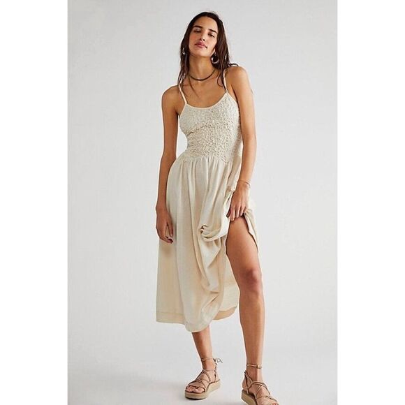 NWT FREE PEOPLE ENDLESS SUMMER Sz L SUMMER CHAPTER MIDI DRESS IVORY - Picture 1 of 3